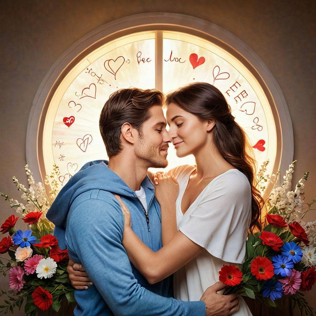A warm and cozy scene depicting a loving couple nestled together, surrounded by a shield made of various insurance symbols (like a heart, home, and car) glowing softly, symbolizing protection. The background features soft natural lighting, suggesting comfort and security, with hints of flowers representing love. The couple's expressions radiate peace and happiness, portraying their trust in insurance for their future. super-realistic. vibrant colors. soft focus.