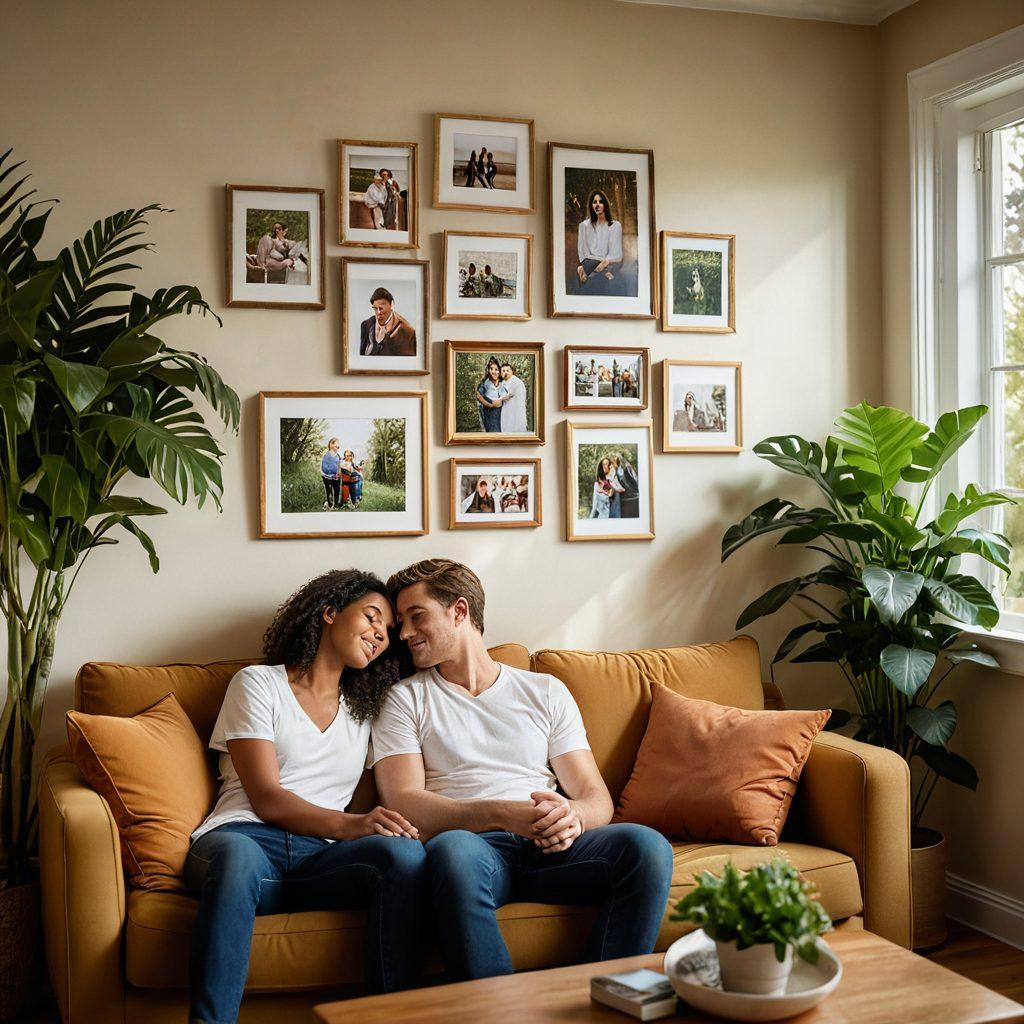A cozy home setting with a couple sharing a health insurance policy while sitting in a warm, inviting living room adorned with pictures of their love story. Include comforting elements like a soft sofa, family photos, and a plant in the corner. Soft light filtering through a window to create a warm atmosphere. Emphasize emotional connection and support in their expressions. warm colors. soft focus. photographic realism.